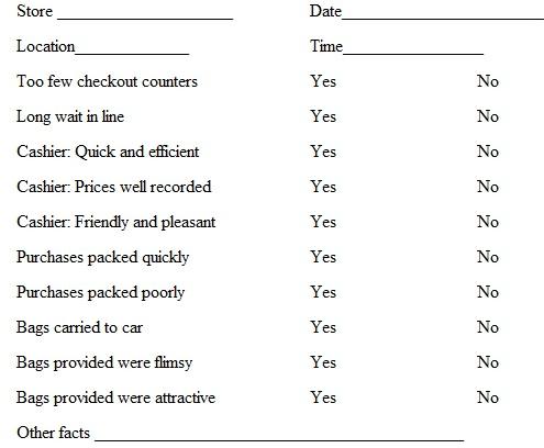 Be a mystery shopper and assess the service provided to customers at the checkout counter at two grocery stores in your area. Complete the following structured observation table for each:  <div style=padding-top: 35px> 
