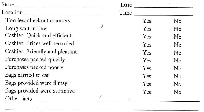 Problem1 and 2 could be assigned to pairs of students, with one student answering Problem 1 and the other answering Problem 2. The students could then compare their results and discuss the advantages and disadvantages of structure in observational research. Be a mystery shopper and assess the service provided to customers at the check-out counter at two grocery stores in your area. Complete the following structured observation table for each: