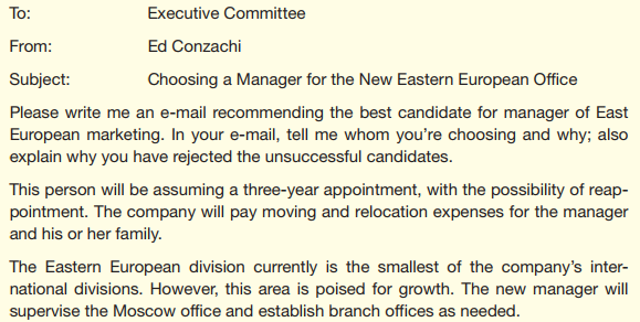 Your company sells customized computer systems to businesses large and small around the world. The Executive Committee needs to recommend someone to begin a three-year term as manager of Eastern European marketing. As your instructor directs, a. Write an e-mail to each of the candidates, specifying the questions you would like each to answer in a final interview. b. Assume that it is not possible to interview the candidates. Use the information here to write an e-mail to the CEO recommending a candidate. c. Write an e-mail to the CEO recommending the best way to prepare the person chosen for his or her assignment. d. Write an e-mail to the CEO recommending a better way to choose candidates for international assignments. e. Write an e-mail to your instructor explaining the assumptions you made about the company and the candidates that influenced your recommendation(s). Information about the candidates: All the candidates have applied for the position and say they are highly interested in it. 1. Deborah Gere, 39, white, single. Employed by the company for eight years in the Indianapolis and New York offices. Currently in the New York office as assistant marketing manager, Eastern United States; successful. University of Indiana MBA. Speaks Russian fluently; has translated for business negotiations that led to the setting up of the Moscow office. Good technical knowledge, acceptable managerial skills, excellent communication skills, good interpersonal skills. Excellent health; excellent emotional stability. Swims. One child, age 12. Lived in the then-Soviet Union for one year as an exchange student in college; business and personal travel in Europe. 2. Claude Chabot, 36, French, single. Employed by the company for 11 years in the Paris and London offices. Currently in the Paris office as assistant sales manager for the European Community; successful. No MBA, but degrees from MIT in the United States and l'Ecole Supérieure de Commerce de Paris. Speaks native French; speaks English and Italian fluently; speaks some German. Good technical knowledge, excellent managerial skills, acceptable communication skills, excellent interpersonal skills. Excellent health, good emotional stability. Plays tennis. No children. French citizen; lived in the United States for two years, in London for five years (one year in college, four years in the London office). Extensive business and personal travel in Europe. 3. Linda Moss, 35, African American, married. Employed by the company for 10 years in the Atlanta and Toronto offices. Currently assistant manager of Canadian marketing; very successful. Howard University MBA. Speaks some French. Good technical knowledge, excellent managerial skills, excellent communication skills, excellent interpersonal skills. Excellent health; excellent emotional stability. Does Jazzercize classes. Husband is an executive at a U.S. company in Detroit; he plans to stay in the States with their children, ages 11 and 9. The couple plans to commute every two to six weeks. Has lived in Toronto for five years; business travel in North America; personal travel in Europe and Latin America. 4. Steven Hsu, 42, of Asian American descent, married. Employed by the company for 18 years in the Los Angeles office. Currently marketing manager, Western United States; very successful. UCLA MBA. Speaks some Korean. Excellent technical knowledge, excellent managerial skills, good communication skills, excellent interpersonal skills. Good health, excellent emotional stability. Plays golf. Wife is an engineer who plans to do consulting work in Eastern Europe. Children ages 8, 5, and 2. Has not lived outside the United States; personal travel in Europe and Asia. Your committee has received this e-mail from the CEO. The committee has invited comments from everyone in the company. You've received these e-mails.