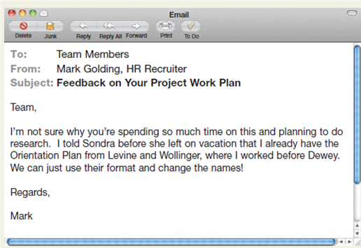 Respond to an email that suggests an unethical practice. Imagine that you're an intern for the law firm Dewey, Wright, and Howe. As part of a team, you're developing an Orientation Plan for future interns. Your team receives the email on the next page from the HR recruiter at the firm. In small groups, first discuss the situation and why this is an ethical dilemma. Then, on your own, write an email to respond to Mark's suggestion. You will want to balance ethics with tone to avoid accusing Mark of anything inappropriate and potentially making him feel defensive. When you're finished, share your draft with your group members and compare emails. Which works best and why