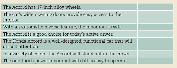 Use transitions for paragraph coherence. Revisit the Honda Accord paragraph in Exercise 17. Now that you have sentences in a logical order, add transitions to improve coherence. REFERENCE: Order sentences into a logical paragraph (Honda Accord). Identify the order of these sentences within one paragraph. Place a number (from 1 to 7) next to each sentence to represent its position within the paragraph.