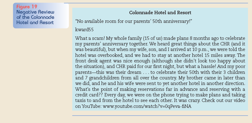 Write an email to a customer who posted negative feedback. Imagine that you work for the Colonnade Hotel and Resort, and a customer posted a video of his negative experience checking into the hotel (Figure 18). The customer also posted a negative review of the hotel on a travel website (Figure 19). Prepare an email to the customer, addressing his concerns. How can you win over this very angry customer        