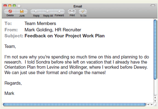 Respond to an email that suggests an unethical practice. Imagine that you're an intern for the law firm Dewey, Wright, and Howe. As part of a team, you're developing an Orientation Plan for future interns. Your team receives the email on the next page from the HR recruiter at the firm. In small groups, first discuss the situation and why this is an ethical dilemma. Then, on your own, write an email to respond to Mark's suggestion. You will want to balance ethics with tone to avoid accusing Mark of anything inappropriate and potentially making him feel defensive. When you're finished, share your draft with your group members and compare emails. Which works best and why