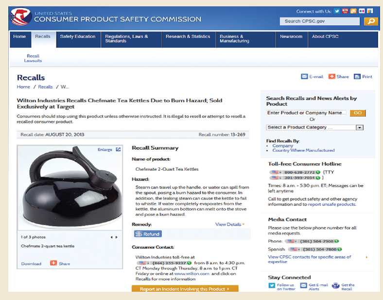 Write an email to tell employees about a product recall. As the vice president of public relations at Wilton Industries, you need to communicate to staff that one of your products has been recalled. The notice from the U.S. Consumer Product Safety Commission explains the potential burn hazard associated with your Chefmate Tea Kettle. Customers should return the kettle to Target to receive a full refund. Address an email to all Wilton employees to explain the situation.
