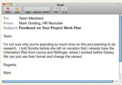 Respond to an email that suggests an unethical practice. Imagine that you're an intern for the law firm Dewey, Wright, and Howe. As part of a team, you're developing an Orientation Plan for future interns. Your team receives the email on the next page from the HR recruiter at the firm. In small groups, first discuss the situation and why this is an ethical dilemma. Then, on your own, write an email to respond to Mark's suggestion. You will want to balance ethics with tone to avoid accusing Mark of anything inappropriate and potentially making him feel defensive. When you're finished, share your draft with your group members and compare emails. Which works best and why?