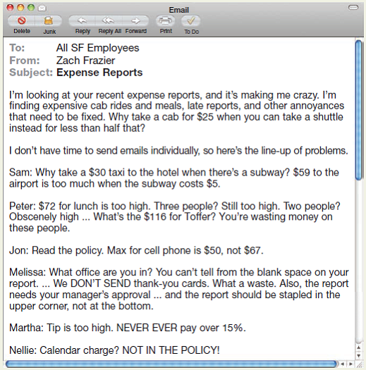 Revise another email gone wrong.  Another angry writer sent the email below to employees of a news agency. (This is adapted from a real message-and the original was much longer.) Use the same process as above to revise this email. First, discuss the issues in class. What went wrong? How would the audience likely have reacted to this message? What was the intended communication objective? Did it likely achieve that objective? Next, revise the message. The purpose is legitimate: to improve how people file expense reports. But the approach and tone could be much improved. Finally, compare your version with two others in class. How do they differ? What are the best parts of each version?   