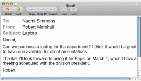 Write an email refusing an employee's request. 16 You manage the conventions department for a hotel, where you supervise an employee named Robert. Robert is responsible for meeting with companies that hold events at the hotel. This morning, you received the following email from Robert: You won't be able to approve this request for the following reasons: • You have no budget for this capital expense. It's possible to budget for this next year, but you're not sure a laptop just for client presentations would be worth the expense. You really don't see the point because you recently spent a lot on printing beautiful materials, which Robert takes to clients with him. • Robert started work at your company only one month ago. Although you encourage ideas, you do not like Robert's presumptuous tone. • Also, you'd like to encourage Robert to put more time and thought into his ideas. Although not a huge expense, a laptop for your department would need to be justified-and Robert would benefit from supporting his suggestions more convincingly. • His preliminary marketing plan was due on Wednesday, but he hasn't submitted it yet. You'd like him to focus on his current responsibilities as a priority. • On the other hand, you hired Robert because of his strong work background and excellent skills, and you hope he will have a long career with your company. Also, the hiring process was lengthy and expensive, and you have no desire to go through it again. You don't want to discourage him. Write an email to Robert that rejects his request. Next, exchange emails with another student. At this point, your instructor may give you more information about Robert's perspective. If you were Robert, how would you react to the email? Provide feedback to the original writer.