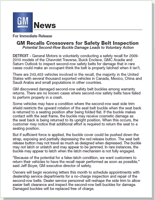 Write an email to tell employees about a product recall. As the vice president of public relations at GM, you just wrote the following news release about vehicle recalls.17 Next, you will work with the vice president of human resources to communicate this news to employees. Rewrite this external message so that it is appropriate for your internal audience. Address your email to all GM employees.