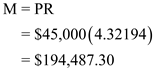 Consider the three parts separately. This is a compounding interest problem. The following information is given, There are compounding periods. The interest rate per compounding period is . Look across the top of the Compound Interest Table for and down the side for periods to find 4.32194. Recall the formula for finding Compound Amount, , or Using, , and in the formula above, That is, the maturity value of his net worth is . Consider the balance in the mutual funds with stocks. This is an annuity problem. The following table is given, There are compounding periods. The interest rate per compounding period is . Look across the top of the Amount of an Annuity Table for and down the side for 30 periods to find 164.494. Recall the formula for finding Compound Amount, Or, Using , and in the formula above, Therefore, the future value of the mutual funds with stocks is . Consider the balance in the mutual funds with bonds. This is an annuity problem. The following information is given, There are compounding periods. The interest rate per compounding period is . Look across the top of the Amount of an Annuity Table for and down the side for 30 periods to find 79.058. Recall the formula, Finding Compound Amount, Or, Using , and in the formula above, That is, the future value of the mutual funds with bonds is . Finding the total future value by adding these numbers together, . Therefore, the future value is .