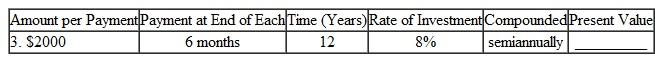 Find the present value of this annuities. Round to the nearest cent. (See Examples.) Finding the Present Value of an Annuity At the end of each quarter for 5 years, the Daily News deposits $4325 in an account paying 6% compounded quarterly. The goal is to accumulate funds for a new printing press. ( a ) Use the concepts of Section to find the future value of the annuity. ( b ) Then find the lump sum (present value) that must be deposited today to accumulate the same future value. SOLUTION (a) (or 1.5%) per quarter; 5 years × 4 = 20 quarters. Use the amount of an annuity table in Section to find 23.12367. Future value = $4325 × 23.12367 = $ 100,009.87 (rounded) (b) It is not necessary to use this future value to find the present value of the annuity. Instead, use the present value of an annuity table with 1.5, per period and 20 periods to find 17.16864. Present value = $4325 × 17.16864 = $74,254.37 Thus, a deposit of $4325 at the end of every quarter for 5 years has a present value today of $74,254.37. If we assume 6% compounded quarterly and ignore income taxes, each of the following has exactly the same value: 1. 20 end-of-quarter deposits of $4325 2. A future value at the end of 5 years of $100,009.87 3. A present value on hand today of $74,254.37 Finding the Present Value Tom and Brandy Barrett recently divorced. The judge gave custody of their 4-year-old son to Brandy and ruled that Tom must pay $1500 in child support to Brandy at the end of each quarter until the son turns 16. Find the lump sum that Tom must put into an account earning 6% compounded quarterly to cover the periodic payments. Find the interest earned. SOLUTION Payments must be made for 16 - 4 = 12 years, or for 12 × 4 = 48 quarters. The interest rate per quarter is per quarter. Look across the top of the present value of an annuity table for 1.5% and down the side for 48 payments to find 34.04255. Present value of annuity = $1500 × 34.04255 = $ 51,063.83 A deposit of $51,063.83 today will make 48 end-of-quarter payments of $1500 each. Interest earned during the 12 years is the sum of all payments less the original lump sum. Interest = (48 × $1500) - $51,063.83 = $20,936.17 Quick TIP Although the $1500 withdrawals to Brandy are at the end of each quarter, the original lump sum must be deposited at the beginning of the first year. Finding the Present Value An American company hires a project manager to work in Saudi Arabia. The contract states that if the manager works there for 5 years, he will receive an extra benefit of $15,000 at the end of each semiannual period for the 8 years that follow. Find the lump sum that can be deposited today to satisfy the contract, assuming 6% compounded semiannually. SOLUTION The project manager works from years 1 to 5. He then receives two $15,000 annuity payments each year during years 6 through 13. Solve this problem in two steps. 1. Find the present value at the beginning of year 6 of the annuity with $15,000 payments. Use per compounding period and 8 × 2 = 16 compounding periods to find 12.56110 in the present value of an annuity table. Present value of annuity = $15,000 × 12.56110 = $188,416.50 This is the present value of the annuity needed at the beginning of year 6 to fund payments in years 6 through 13. But it is also the future value needed for the investment made today that will fund the eventual payments. 2. Find the lump sum needed today to accumulate the $188,416.50 by the end of year 5. Use the table showing present value of a dollar in Section (page) with per compounding period and 5 × 2 = 10 compounding periods to find.74409. Present value needed today = $188,416.50 ×.74409 = $ 140,198.83 A lump sum of $140,198.83 today will grow to $188,416.50 in 5 years. The $188,416.50 at the end of year 5 is enough to make 16 semiannual payments of $15,000 each during years 6 through 13.