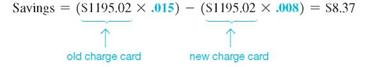 Find the finance charge on each of the following revolving charge accounts. Assume interest is calculated on the unpaid balance of the account. Round to the nearest cent.(See Example.) Finding Finance Charge Using the Unpaid Balance Method (a) Peter Brinkman's MasterCard account had an unpaid balance of $870.40 on November 1. During November, he made a payment of $100 and used the card to purchase a puppy costing $150 for his son. Find the finance charge and the unpaid balance on December 1 if the bank charges 1.5% per month on the unpaid balance. A finance charge of 1.5% per month on the unpaid balance would be Find the unpaid balance on December 1 as follows. (b) During December, Brinkman made a payment of $50, charged $240.56 for Christmas presents, returned $35.45 worth of items, and took his family to dinner with charges of $92.45. Find his unpaid balance on January 1. The finance charge calculated on the unpaid balance is $933.46 ×.015 = $14.00. The unpaid balance on January 1 follows. The total finance charge during the 2-month period was $13.06 + $14.00 = $27.06. (c) Brinkman knows that his debt is increasing. He moves the balance to another charge card that charges only.8% per month. Find his savings in finance charges for January.