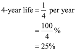 Find the annual straight-line rate,   Therefore, the annual straight-line rate of depreciation for the first year is   . Find the double-declining-balance   rate by doubling the annual straight-line rate,   Therefore, the double-declining-balance   rate for the first year is   . Consider the sum-of-the-years' digits fraction. First determine the denominator of the depreciation fraction. The denominator is   . Next determine the numerator for each year. Since the number of years of life remaining at the beginning of any year is the numerator, the numerator for the first year is   . Under the sum-of -the-years'-digits method, an asset having a life of   years is assumed to lose   of its value the first year. Therefore, the sum-of -the-years'-digits fraction for the first year is   .