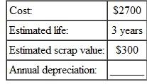 Find the annual amount of depreciation for this, using the straight-line method. (See Examples.) Finding First-Year Depreciation and Book Value   KFC purchased a new low-fat chicken cooker at a cost of $26,500. The estimated life of the fryer is 5 years, with a salvage value of $3500. Find (a) the annual rate of depreciation, (b) the annual amount of depreciation, and (c) the book value at the end of the first year. SOLUTION (a) The annual rate of depreciation is 20,(5 year life=   per year=20%) $26,500 cost (b)   This $23,000 will be depreciated evenly over the 5-year life for an annual depreciation of $4600 ($23,000 × 20, = $4600). (c) Since the annual depreciation is $4600, the book value at the end of the first year will be $26,500 cost   To solve Example using a calculator, first use parentheses to find the depreciable amount. Next, divide to find depreciation. Finally, find the book value.   Note: Refer to Appendix B for calculator basics. Finding the Book Value at the End of Any Year A lighted display case at Albertson's cost $3400, has an estimated life of 10 years, and has a salvage value of $800. Find the book value at the end of 6 years. Quick TIP The book value helps the owner of a business estimate the value of the business, which is important when the owner is borrowing money or trying to sell the business. SOLUTION The annual rate of depreciation is 10, (10-year life is   or 10%).   Find the book value at the end of 6 years by subtracting the accumulated depreciation from the cost.   After 6 years, this display case would be carried on the firm's books with a value of $1840.  <div style=padding-top: 35px> 