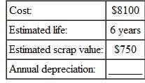 Find the annual amount of depreciation for this, using the straight-line method. (See Examples.) Finding First-Year Depreciation and Book Value   KFC purchased a new low-fat chicken cooker at a cost of $26,500. The estimated life of the fryer is 5 years, with a salvage value of $3500. Find (a) the annual rate of depreciation, (b) the annual amount of depreciation, and (c) the book value at the end of the first year. SOLUTION (a) The annual rate of depreciation is 20,(5 year life=   per year=20%) $26,500 cost (b)   This $23,000 will be depreciated evenly over the 5-year life for an annual depreciation of $4600 ($23,000 × 20, = $4600). (c) Since the annual depreciation is $4600, the book value at the end of the first year will be $26,500 cost   To solve Example using a calculator, first use parentheses to find the depreciable amount. Next, divide to find depreciation. Finally, find the book value.   Note: Refer to Appendix B for calculator basics. Finding the Book Value at the End of Any Year A lighted display case at Albertson's cost $3400, has an estimated life of 10 years, and has a salvage value of $800. Find the book value at the end of 6 years. Quick TIP The book value helps the owner of a business estimate the value of the business, which is important when the owner is borrowing money or trying to sell the business. SOLUTION The annual rate of depreciation is 10, (10-year life is   or 10%).   Find the book value at the end of 6 years by subtracting the accumulated depreciation from the cost.   After 6 years, this display case would be carried on the firm's books with a value of $1840.  <div style=padding-top: 35px> 
