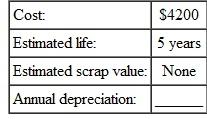 Find the annual amount of depreciation for this, using the straight-line method. (See Examples.) Finding First-Year Depreciation and Book Value   KFC purchased a new low-fat chicken cooker at a cost of $26,500. The estimated life of the fryer is 5 years, with a salvage value of $3500. Find (a) the annual rate of depreciation, (b) the annual amount of depreciation, and (c) the book value at the end of the first year. SOLUTION (a) The annual rate of depreciation is 20,(5 year life=   per year=20%) $26,500 cost (b)   This $23,000 will be depreciated evenly over the 5-year life for an annual depreciation of $4600 ($23,000 × 20, = $4600). (c) Since the annual depreciation is $4600, the book value at the end of the first year will be $26,500 cost   To solve Example using a calculator, first use parentheses to find the depreciable amount. Next, divide to find depreciation. Finally, find the book value.   Note: Refer to Appendix B for calculator basics. Finding the Book Value at the End of Any Year A lighted display case at Albertson's cost $3400, has an estimated life of 10 years, and has a salvage value of $800. Find the book value at the end of 6 years. Quick TIP The book value helps the owner of a business estimate the value of the business, which is important when the owner is borrowing money or trying to sell the business. SOLUTION The annual rate of depreciation is 10, (10-year life is   or 10%).   Find the book value at the end of 6 years by subtracting the accumulated depreciation from the cost.   After 6 years, this display case would be carried on the firm's books with a value of $1840.  <div style=padding-top: 35px> 