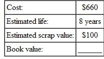 Find the book value at the end of 5 years for this, using the straight-line method. (See Examples.) Finding First-Year Depreciation and Book Value   KFC purchased a new low-fat chicken cooker at a cost of $26,500. The estimated life of the fryer is 5 years, with a salvage value of $3500. Find (a) the annual rate of depreciation, (b) the annual amount of depreciation, and (c) the book value at the end of the first year. SOLUTION (a) The annual rate of depreciation is 20,(5 year life=   per year=20%) $26,500 cost (b)   This $23,000 will be depreciated evenly over the 5-year life for an annual depreciation of $4600 ($23,000 × 20, = $4600). (c) Since the annual depreciation is $4600, the book value at the end of the first year will be $26,500 cost   To solve Example using a calculator, first use parentheses to find the depreciable amount. Next, divide to find depreciation. Finally, find the book value.   Note: Refer to Appendix B for calculator basics. Finding the Book Value at the End of Any Year A lighted display case at Albertson's cost $3400, has an estimated life of 10 years, and has a salvage value of $800. Find the book value at the end of 6 years. Quick TIP The book value helps the owner of a business estimate the value of the business, which is important when the owner is borrowing money or trying to sell the business. SOLUTION The annual rate of depreciation is 10, (10-year life is   or 10%).   Find the book value at the end of 6 years by subtracting the accumulated depreciation from the cost.   After 6 years, this display case would be carried on the firm's books with a value of $1840.  <div style=padding-top: 35px> 