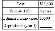 Find the first year 's depreciation for this, using the double-declining-balance method of depreciation. (See Example.) Finding Depreciation and Book Value Using Double-Declining-Balance Capital Curb and Concrete purchased a small portable storage building for $8100. It is expected to have a life of 10 years, at which time it will have no salvage value. Using the double- declining-balance method of depreciation, find the first and second years' depreciation and the book value at the end of the first and second years. SOLUTION The straight-line depreciation rate for property with a 10-year recovery is 10%. Therefore, the double-declining balance rate is twice that, or 10% × 2 = 20%.   Find the book value at the end of the first year as follows.   Book value at end of second year is found as follows.    <div style=padding-top: 35px> 