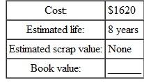 Find the book value at the end of the first year for this, using the double-declining-balance method of depreciation. Round to the nearest dollar. (See Examples.) Finding the 200% Declining-Balance Rate Find the straight-line rate and the double-declining-balance (200%) rate for each of the following years of life. SOLUTION   Finding Depreciation and Book Value Using Double-Declining-Balance Capital Curb and Concrete purchased a small portable storage building for $8100. It is expected to have a life of 10 years, at which time it will have no salvage value. Using the double- declining-balance method of depreciation, find the first and second years' depreciation and the book value at the end of the first and second years. SOLUTION The straight-line depreciation rate for property with a 10-year recovery is 10%. Therefore, the double-declining balance rate is twice that, or 10% × 2 = 20%.   Find the book value at the end of the first year as follows.   Book value at end of second year is found as follows.    <div style=padding-top: 35px> 