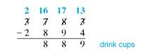 Subtract each of this. Check your answer. (See Examples.) Subtracting with Borrowing Subtract 2894 SUBWAY drink cups from 3783 SUBWAY drink cups in inventory. First, write the problem as follows. In the ones (units) column, subtract 4 from 3 by borrowing a 1 from the tens column in the minuend to get 1 ten + 3, or 13, in the units column with 7 now in the tens column. Then subtract 4 from 13 for a result of 9. Complete the subtraction as follows. In this example, the tens are borrowed from the hundreds column, and the hundreds are borrowed from the thousands column. Subtracting with Checking Quick TIP Do not change the order of the numbers when subtracting. For example, (9 ? 5) is not the same thing as (5 ? 9).Subtract 1635 from 5383 and check the answer.
