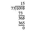 Divide this. (See Examples.) Dividing Whole Numbers To divide 1095 baseball cards evenly among 73 collectors, divide 1095 by 73 as follows. Since 73 is larger than 1 or 10, but smaller than 109, begin by dividing 73 into 109. There is one 73 in 109, so place 1 over the digit 9 in the dividend as shown. Then multiply 1 and 73. Subtract 73 from 109 to get 36. The next step is to bring down the 5 from the dividend, placing it next to the remainder 36. This gives the number 365. The divisor, 73, is then divided into 365 with a result of 5, which is placed to the right of the 1 in the quotient. Since 73 divides into 365 exactly 5 times, the final answer (quotient) is exactly 15. Check the answer by multiplying. Dividing with a Remainder in the Answer Divide 126 by 24. Express the remainder in each of the three forms.