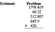 First use front-end rounding to estimate and then find the exact answer. (See Examples.) Adding Decimal Numbers Add 45.93 + 14.017 + 96.5432. SOLUTION First, align place values by lining up the decimal points. Although not required, you can add trailing zeros if you wish so that each number has the same number of digits to the right of the decimal point. Then, add from right to left. Adding Dollars Exam and Cents During a recent week, a manager made the following bank deposits to a business account: $1783.38, $4341.15, $2175.94, $896.23, and $2562.53. Use front-end rounding to estimate the total deposits and then find the total deposits. SOLUTION The total deposits for the week were $11,759.23, which is close to our estimate.
