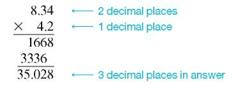 First estimate using front-end rounding and then multiply. (See Example.) Multiplying Decimals Multiply each of the following. (a) 8.34 × 4.2 (b).032 ×.07 SOLUTION (a) First multiply the given numbers as if they were whole numbers. There are two decimal places in 8.34 and one in 4.2. This means that there are 2 + 1=3 decimal places in the final answer. Find the final answer by starting at the right and counting three places to the left: 35.028 3 places to the left (b) Here, it is necessary to attach zeros at the left in the answer: