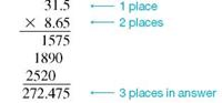 CALCULATING GROSS EARNINGS Find the gross pay for each employee at the given rate. Round to the nearest cent. (See Examples.) 11.4 hours at $8.59 per hour, and 23.9 hours at $10.06 per hour _______________________ Multiplying Two Decimal Numbers Find the gross pay of a SUBWAY employee working 31.5 hours at a rate of $8.65 per hour. SOLUTION CASE IN POINT Find gross pay by multiplying the number of hours worked by the pay per hour. This worker's gross pay, rounded to the nearest cent, is $272.48. Applying Decimal Multiplication Assume the cost of each 30-second television ad at the 2013 Super Bowl game was $2.7 million. If there were 60 advertising spots of 30 seconds during the game, find the total amount charged for advertising. SOLUTION Find the total amount charged for advertising during the 2013 Super Bowl by multiplying the number of 30-second advertising spots during the game by the charge for each advertisement. The total amount charged for advertising was $162 million ($162,000,000).