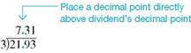 Describe what must be done with the decimal point in a decimal division problem. Include the divisor, dividend, and quotient in your description. Divide a decimal by a whole number. Divide the decimal number 21.93 by the whole number 3 by first writing the division problem as usual. Place the decimal point in the quotient directly above the decimal point in the dividend and perform the division. Check by multiplying the divisor and the quotient. The answer should equal the dividend. Sometimes it is necessary to place zeros after the decimal point in the dividend. Do this if a remainder of 0 is not obtained. Attaching zeros does not change the value of the dividend. For example, divide 1.5 by 8 by dividing and placing zeros as needed. Quick TIP Carry the division one place further than the position to which you wish to round. Sometimes, a remainder of 0 is never obtained when dividing. For example, dividing 4.7 by 3 results in repeating 6s that continue without end, as you can see from the following division. Continue the division to one decimal place more than needed so that you can round the decimal to the desired place. In this case, the division is carried out to the nearest ten thousandth so that the final answer can be rounded to the nearest thousandth. The number 1.5666 rounded to the nearest thousandth is 1.567. Divide a decimal by a decimal. To divide by a decimal, first convert the divisor to a whole number. For example, to divide 27.69 by.3, convert.3 to a whole number by moving the decimal one place to the right. Then move the decimal point in the dividend, 27.69, one place to the right so that the value of the problem does not change. You may need to attach one or more trailing zeros to do this. Then divide as follows: