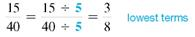 Convert the improper fractions to mixed or whole number and write in lowest terms. (See Examples.) Converting Improper Fractions to Mixed Numbers Convert the following improper fractions to mixed numbers. (a) (b) (c) SOLUTION (a) Convert to a mixed number by dividing 27 by 4. Therefore, (b) Divide 29 by 8 to convert to a mixed number. (c) Divide 42 by 7. Writing Fractions in Lowest Terms Write the following fractions in lowest terms. (a) (b) SOLUTION Look for a number that can be divided without a remainder into both the numerator and denominator. (a) Both 15 and 40 can be divided by 5. (b) Divide both numbers by 3.