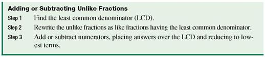 Write this with the indicated denominator. (See Objective.)      Add and subtract unlike fractions. Unlike fractions may be added or subtracted using the following steps.     To add or subtract unlike fractions, rewrite the fractions with a common denominator. Since Example shows that 180 is the least common denominator for     , and     , these three fractions can be added if each fraction is first written with a denominator of 180.   