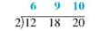 Find the least common denominator for this group of denominators using the method of prime numbers. (See Example.) 6, 8, 10, 12, _____________ Finding the Least Common Denominator Use the method of prime numbers to find the least common denominator for and Quick TIP It does not matter which prime number you start with; the final list of prime numbers will be the same. SOLUTION First write the three denominators: 12 18 20 Begin by trying to divide the three denominators by the smallest prime number, 2. Write each quotient directly above the given denominator as follows. This way of writing the division is just a handy way of writing the separate problems , , and . Two of the new quotients, 6 and 10, can still be divided by 2, so perform the division again. Since 9 cannot be divided evenly by 2, just bring up the 9. None of the new quotients in the top row can be divided by 2, so try the next prime number, 3. The numbers 3 and 9 can be divided by 3, and one of the new quotients can still be divided by 3, so the division is performed again. Since none of the new quotients in the top row can be divided by 3, try the next prime number, 5. The number 5 can be used only once, as shown. Now that the top row contains only 1s, find the least common denominator by multiplying the prime numbers in the left column: 2 × 2 × 3 × 3 × 5 = 180.
