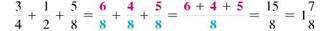Add or subtract. Write answers in lowest terms. (See Examples.) Adding and Subtracting Unlike Fractions Add or subtract. (a) (b) SOLUTION (a) Inspection shows that the least common denominator is 8. Rewrite the fractions so each has a denominator of 8, then add. (b) The least common denominator is 40. Rewrite the fractions so each has a denominator of 40, then subtract. Adding and Subtracting Unlike Fractions Add or subtract. (a) (b) (c) SOLUTION First rewrite the fractions with a least common denominator. (a) (b) (c) All calculator solutions are shown using a basic calculator. The calculator solution to part (b) uses the fraction key on the calculator. Note : Refer to Appendix B for calculator basics.