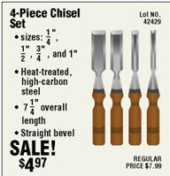 Use the newspaper advertisement for this four-piece chisel set to answer ( Source : Harbor Frieght Tools.) Find the difference in the cutting-edge width of the narrowest chisel and the second to widest chisel. The symbol is for inches._____________