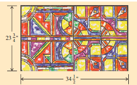 Solve the following application problems. WINDOW INSTALLATION A contractor who installs windows for The Home Depot must attach a lead strip around all four sides of a custom-made stained glass window. If the window measures by inches, find the length of lead stripping needed.
