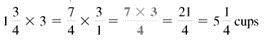 Multiply. Write each answer in lowest terms. (See Examples.)      Multiplying Common Fractions  Multiply. (a)      (b)      Quick TIP  When canceling, be certain that the numerator and the denominator are both divided by the same number. SOLUTION  Use cancellation in both of these problems. (a)      (b)      Multiplying Mixed Numbers  Multiply. (a)      (b)      Quick TIP  Be sure to change each mixed number to a fraction before multiplying. SOLUTION  (a)  2     1 (b)      The calculator solutionto part (b) uses the fraction key.     Multiplying a Mixed Number by a Whole Number  (a) Find the amount of uncooked oats needed if the preceding recipe for chocolate/oat-chip cookies is doubled (multiplied by 2).(b) How many cups of all-purpose flour are needed when the recipe is tripled (multiplied by 3)? SOLUTION  (a)      (b)    