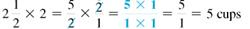 Multiply. Write each answer in lowest terms. (See Examples.)      Multiplying Common Fractions  Multiply. (a)      (b)      Quick TIP  When canceling, be certain that the numerator and the denominator are both divided by the same number. SOLUTION  Use cancellation in both of these problems. (a)      (b)      Multiplying Mixed Numbers  Multiply. (a)      (b)      Quick TIP  Be sure to change each mixed number to a fraction before multiplying. SOLUTION  (a)  2     1 (b)      The calculator solutionto part (b) uses the fraction key.     Multiplying a Mixed Number by a Whole Number  (a) Find the amount of uncooked oats needed if the preceding recipe for chocolate/oat-chip cookies is doubled (multiplied by 2).(b) How many cups of all-purpose flour are needed when the recipe is tripled (multiplied by 3)? SOLUTION  (a)      (b)    