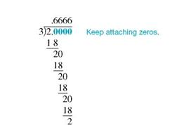 Convert this fractions to decimals. If a division does not come out evenly, round the answer to the nearest thousandth. (See Example.) Converting Fractions to Decimals Convert the following fractions to decimals. (a) (b) Decimal equivalents Quick TIP Do not use both a decimal and a fraction in the same number. SOLUTION (a) Convert to a decimal by dividing 1 by 8. Add trailing zeros after the 1 as needed. (b) Divide 2 by 3. The division continues without ending and has a repeating decimal, which is often written as. ,. , or. . It would be written as.67 when rounded to the nearest hundredth and as.667 when rounded to the nearest thousandth. The calculator solution to this example is