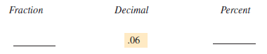 Determine the fraction, decimal, or percent equivalents for each of the following, as necessary. Write fractions in lowest terms.