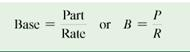 Solve for base in each of the following. Round to the nearest hundredth. (See Example.) Solving for Base Solve for base, using the formula B = (a) 8 is 4, of _______. (b) 135 is 15, of _______. (c) 1.25 is 25, of _______. SOLUTION (a) (b) (c) The basic percent formula is P = R × B. Show how to find the formula to solve for B (base). (See Objective.) OBJECTIVE 1 Use the basic percent formula to solve for base. In some problems, the rate and part are given, but the base, or whole, must be found. The formula P = R × B can be used to get the formula for base. The following circle diagram may help. To find the formula for base, cover B with your finger. This leaves P divided by R, so Scott and Andrea Abriana can afford a monthly house payment of only 28% of their income, or $1386. To find their monthly income, insert the rate of 28% and the part, or monthly payment of $1386, into the formula. Be sure to first convert 28% to its decimal equivalent,.28. Their monthly income is $4950.