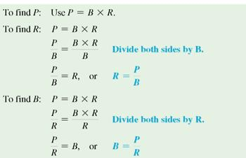 The basic percent formula is P = B × R. Show how to find the formula to solve for R (rate). (See Objective.) Use the basic percent formula to solve for rate. In this type of percent problem, the part and base are given, and the rate must be found. The formula for rate is found from the formula P = B × R. To find the rate using the diagram, cover R to get     or part ÷ base.         Actually, the formula P = B × R can be used to find either P, B, or R as long as the values of two of the three components are known.   