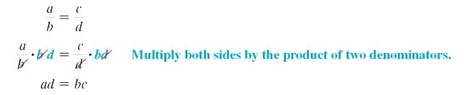 Explain cross products using the rules of algebra. (See Objective.) Set up a proportion. A ratio is used to compare two numbers or amounts. A proportion says that two ratios are equal, as shown here. A proportion can be simplified by multiplying both sides of the equation by the product of the two denominators. Thus, only if the cross products a • d and b • c are equal to one another. This method of cross products can be used to determine if a proportion is true.