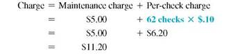 CHECKING Charges Use the table on page to find the monthly checking-account service charge for the following accounts. (See Example.) Finding the Checking-Account Service Charge Find the monthly service charge for the following business accounts. (a) Omni Computer, 38 checks written, average balance $983 Based on the average balance of $983, the maintenance charge is $7.50 and the per-check charge is $.20. (b) Jamison Auto Repair, 62 checks written, average balance $4632.25 Based on the average balance, the maintenance charge is $5.00 and the per-check charge is $.10. The calculator solutions to this example use chain calculations, with the calculator observing the order of operations. (a) 15.1 (b) 11.2 Note: Refer to Appendix B for calculator basics. Kent's Keys, Inc., 76 checks, average balance $468 __________
