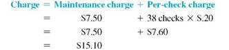 CHECKING Charges Use the table on page to find the monthly checking-account service charge for the following accounts. (See Example.) Finding the Checking-Account Service Charge Find the monthly service charge for the following business accounts. (a) Omni Computer, 38 checks written, average balance $983 Based on the average balance of $983, the maintenance charge is $7.50 and the per-check charge is $.20. (b) Jamison Auto Repair, 62 checks written, average balance $4632.25 Based on the average balance, the maintenance charge is $5.00 and the per-check charge is $.10. The calculator solutions to this example use chain calculations, with the calculator observing the order of operations. (a) 15.1 (b) 11.2 Note: Refer to Appendix B for calculator basics. Mart Bottle, 74 checks, average balance $875 __________