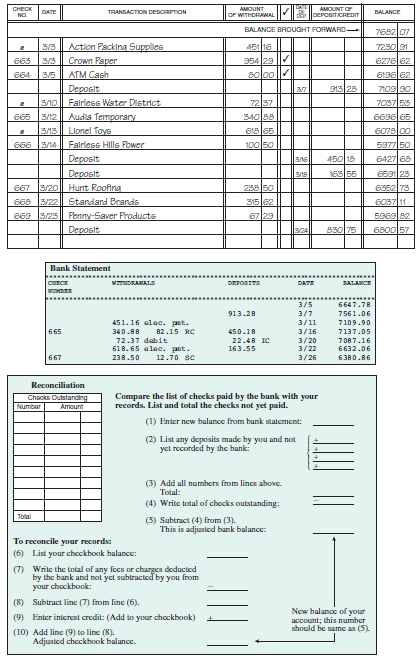 CHECKING-ACCOUNT RECONCILIATION Reconcile the checking accounts for the following companies. Compare the items appearing on the bank statement with the check register. A ? indicates that the transaction appeared on the previous month's statement. (Codes indicate the following: RC means returned check; SC means service charge; IC means interest credit; CP means check printing charge; ATM means automated teller machine.) (See Example 2.) Play It Again Sports