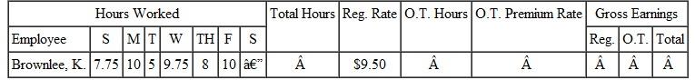 Some companies use the overtime premium method to determine gross earnings. Use this method to complete this payroll ledger. Overtime is paid at the time-and-a-half rate for all hours over 40. (See Example.) Using the Overtime Premium Method This week, Holly Kelly worked 40 regular hours and 12 overtime hours. Her regular rate of pay is $17.40 per hour. Find her total gross pay, using the overtime premium method. SOLUTION The calculator solution uses the order of operations to find the regular earnings and the overtime earnings, and then adds these together. Note: Refer to Appendix B for calculator basis.