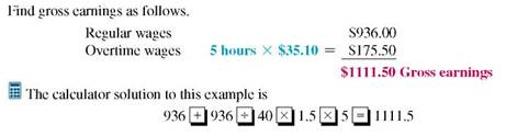 Find the weekly gross earnings for this people who are on salary and normally work a 40-hour week. Overtime is paid at the time-and-a-half rate. (See Example.) Finding Overtime for Salaried Employees Monica Gonzales earns $936 a week as an assistant to the vice president of a community bank. A normal workweek for her is 40 hours. Find her gross earnings if she works 45 hours one week and is paid time and a half for everything over 40 hours. SOLUTION
