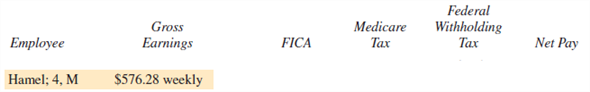 EMPLOYEE NET PAY Use the percentage method of withholding to find federal withholding tax, a 6.2 % FICA rate to find FICA tax, and 1.45 % to find Medicare tax for the following employees. Then find the net pay for each employee. The number of withholding allowances and the marital status are listed after each employee's name. Assume that no employee has earned over $110,000 so far this year. (See Examples 3 and 5.)    