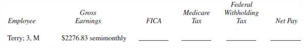 EMPLOYEE NET PAY Use the percentage method of withholding to find federal withholding tax, a 6.2 % FICA rate to find FICA tax, and 1.45 % to find Medicare tax for the following employees. Then find the net pay for each employee. The number of withholding allowances and the marital status are listed after each employee's name. Assume that no employee has earned over $110,000 so far this year. (See Examples 3 and 5.)    