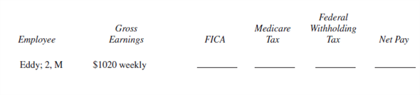 EMPLOYEE NET PAY Use the percentage method of withholding to find federal withholding tax, a 6.2 % FICA rate to find FICA tax, and 1.45 % to find Medicare tax for the following employees. Then find the net pay for each employee. The number of withholding allowances and the marital status are listed after each employee's name. Assume that no employee has earned over $110,000 so far this year. (See Examples 3 and 5.)    