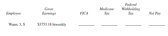 EMPLOYEE NET PAY Use the percentage method of withholding to find federal withholding tax, a 6.2 % FICA rate to find FICA tax, and 1.45 % to find Medicare tax for the following employees. Then find the net pay for each employee. The number of withholding allowances and the marital status are listed after each employee's name. Assume that no employee has earned over $110,000 so far this year. (See Examples 3 and 5.)
